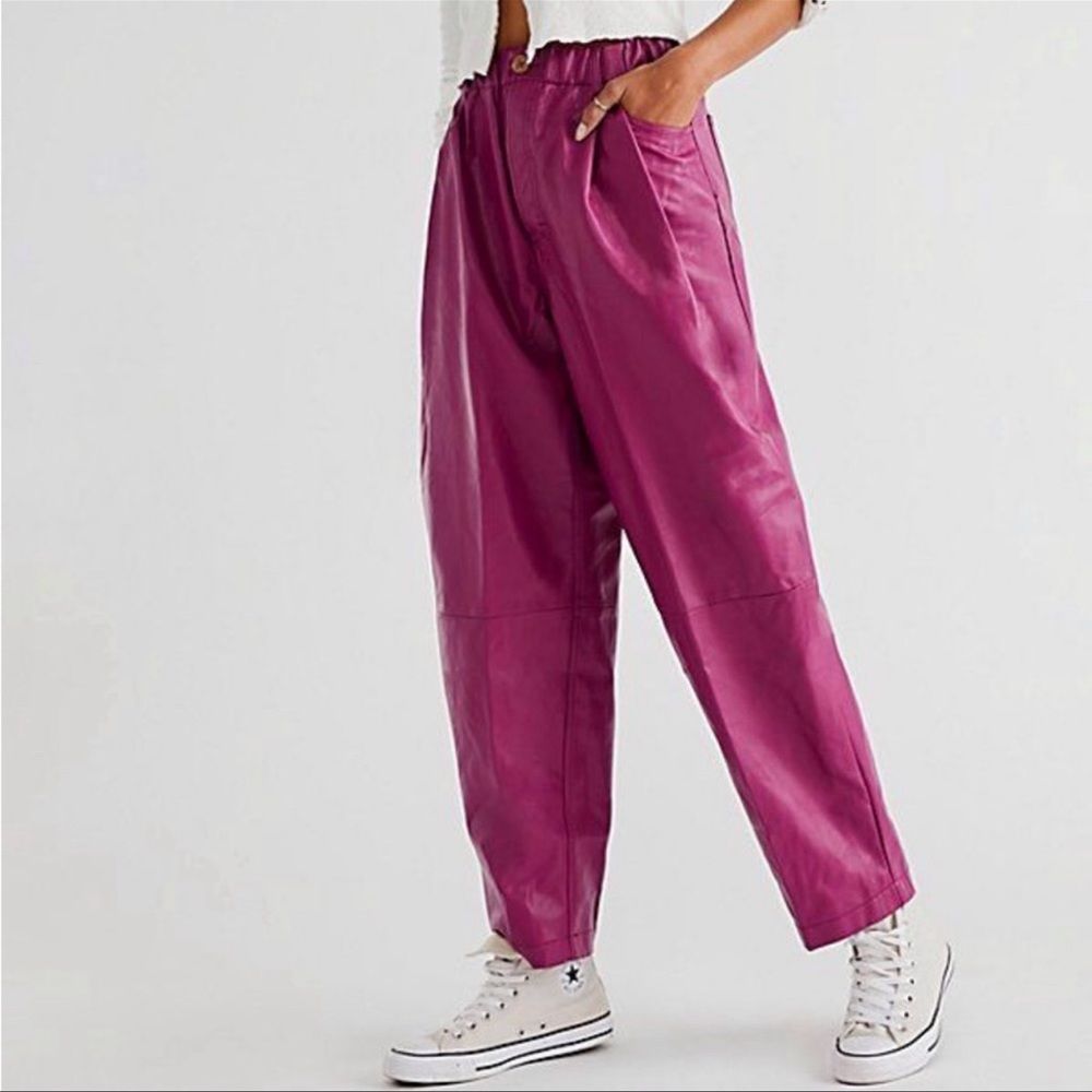 Free People Camille Vegan faux leather paper bag slouchy purple pants Sz S New